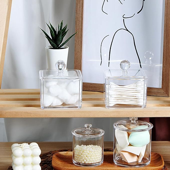 SheeChung Modern Square Qtip Holder Acrylic Bathroom Vanity Countertop Storage Organizer Canister Jar for Cotton Swabs, Rounds, Balls, Makeup Sponges, Bath Salts - 1 Pack - Clear