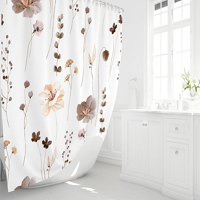 Gibelle Small Stall Shower Curtain 36 x 72, Narrow Half Watercolor Floral Fabric Shower Curtain, Brown Beige Flower Decorative Bathroom Shower Curtain Set
