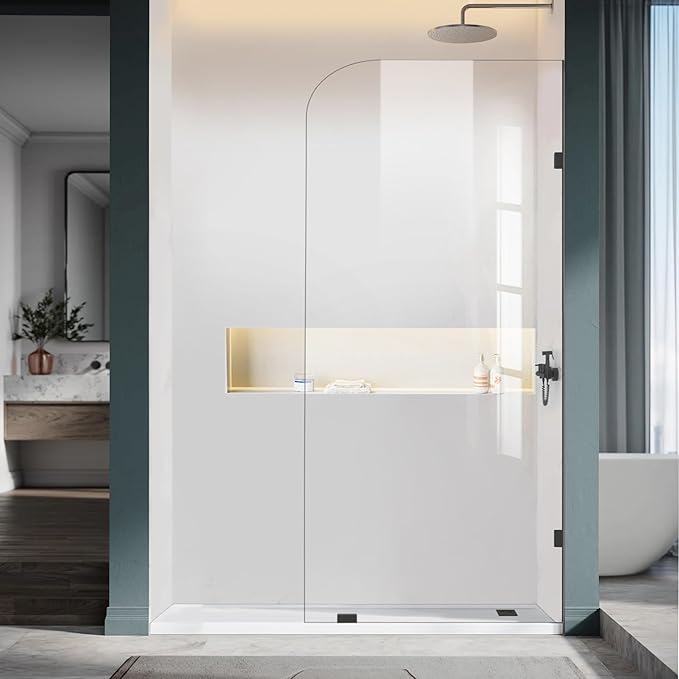 Frameless Shower Door, 36" W ×78" H Fixed Shower Glass Panel with Clamps, 3/8" (10mm) Glass Shower Doors, Clear Tempered Bathroom Shower Screen in Matte Black