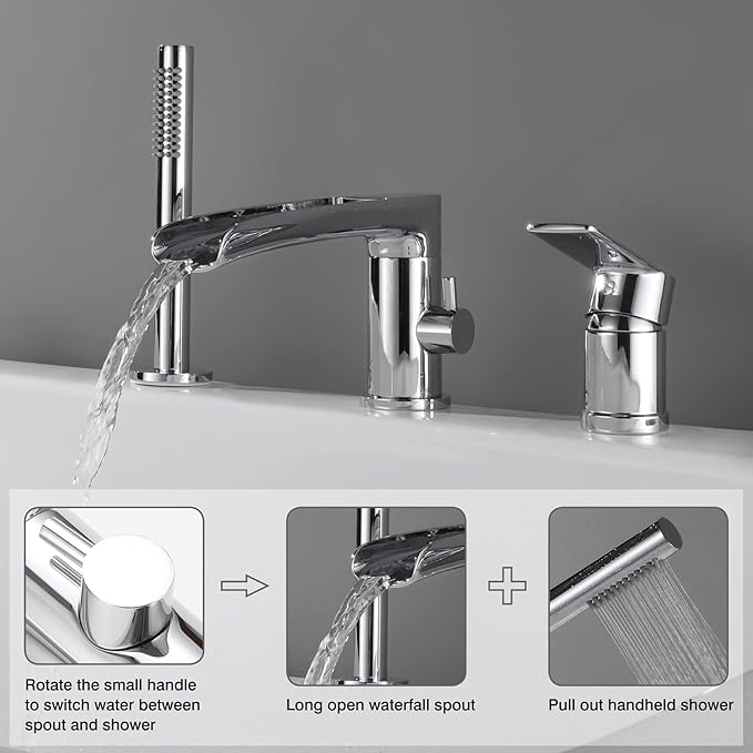 TapLong Waterfall Roman Tub Faucet with Hand Shower, Widespread Deck Mount Bathtub Faucet with Sprayer, Single-Handle 3-Holes Bathtub Shower Faucet Set in Chrome, 03119CH