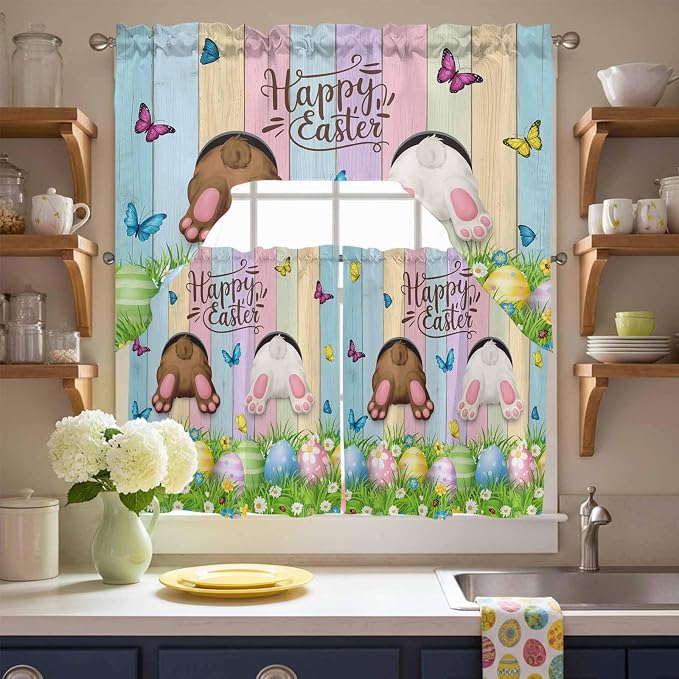 Swag Valance Curtains, Happy Easter Rabbit Butt Egg on Daisy Leaf Rod Pocket by Chees+D+Zone