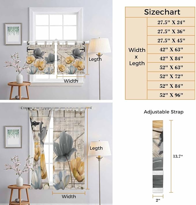 Spring Tulips Flower Kitchen Curtains 36 Inch Length, Small Window Curtains Tab - Image 8