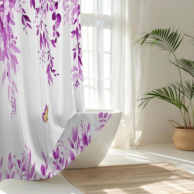 No Hook Shower Curtain and Liner Set, Purple Eucalyptus Floral Shower Curtains for Bathroom, Bath Curtain Sets with Snap in Liner, Waterproof with See Through Top Window, 71x84 Inches