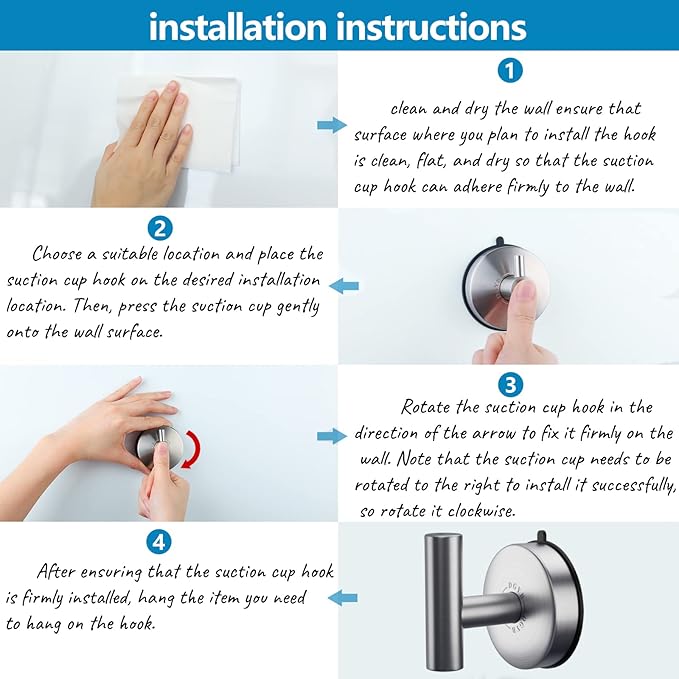 DGYB Large Suction Cup Hooks for Shower Set of 4 - Brushed Nickel Towel Hooks for Bathrooms - Stainless Steel Removable Wall Hooks - 15 Lb Heavy Duty Hanging
