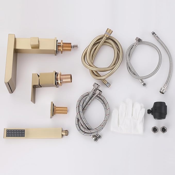 Waterfall Roman Tub Faucet with Hand Shower, Deck Mount Tub Filler Bathtub Faucet with Sprayer, Brass Widespread 3 Hole Bathtub Shower Faucet Set, Brushed Gold
