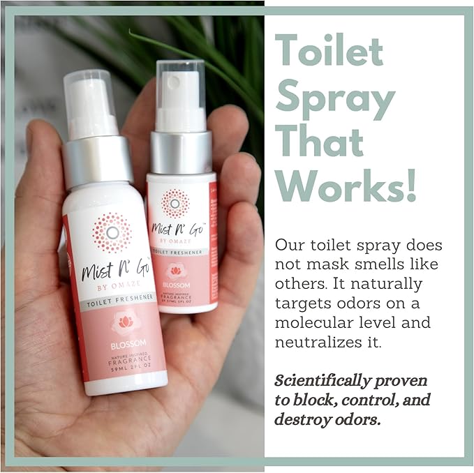 Mist N’ Go by Omaze Travel Bathroom Spray for Toilet Spray Odor Eliminator - Travel Toilet Spray for Bathroom Air Freshener Spray for Bathroom Deodorizer - Blossom Regular Size (2oz x2)