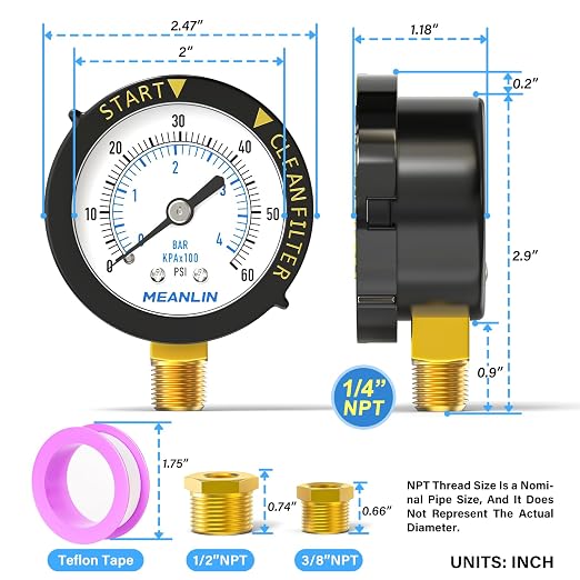 MEANLIN MEASURE 0~60Psi 1/4" NPT Start and Clean Filter Pressure Gauge - Image 2