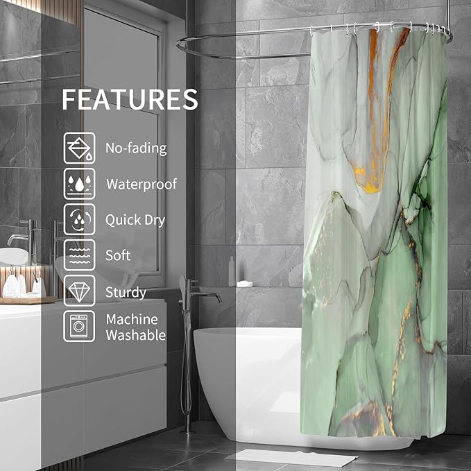 Gibelle Abstract Marble Shower Curtain, Sage Green Jade Texture Gold Stripes Ombre Watercolor Paint, Modern Ink Art Decor Waterproof Fabric Curtain for Bathroom Set, 71x71