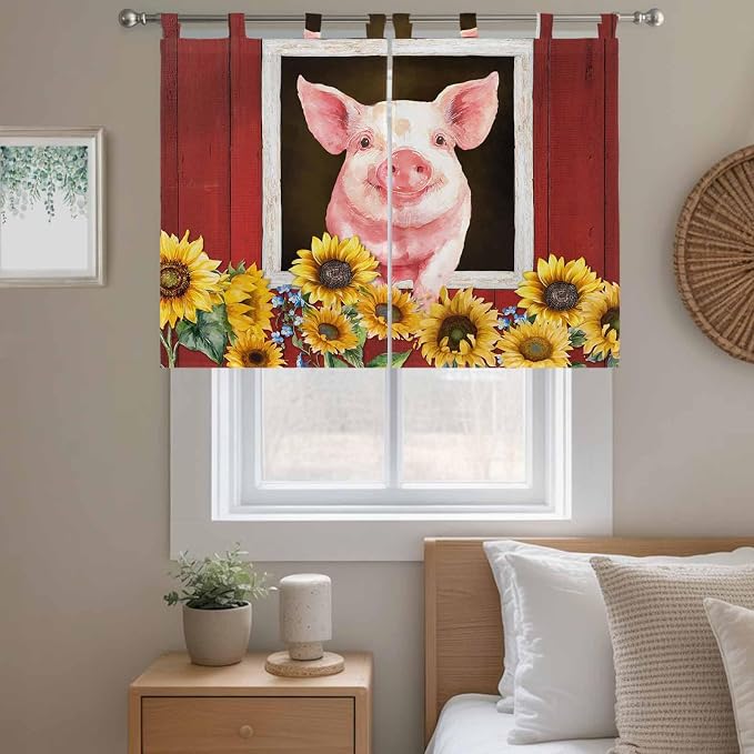 Pigs Sunflowers Kitchen Curtains 45 Inch Length, Short Cafe Window Curtains Tab - Image 9
