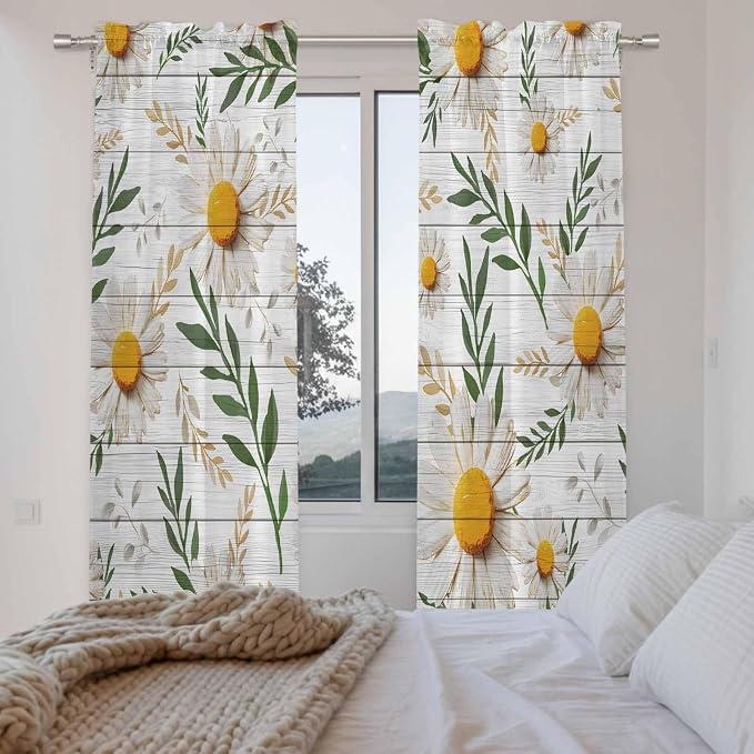 Spring Daisy Kitchen Curtains, Farmhouse Country Flower Leaf Plant Wood Grain - Image 4