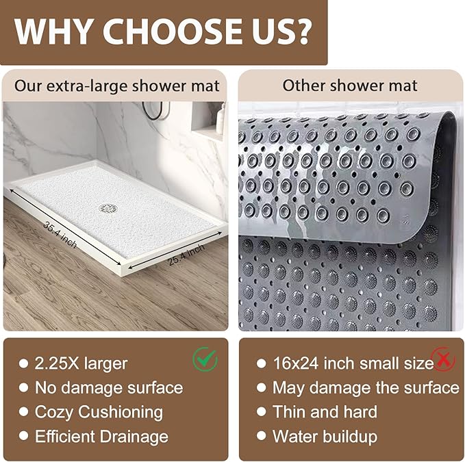Shower Mat Non Slip: 35.4 x 23.6 Inch Extra Large Shower Mats for Inside Shower with Drain Hole - Soft PVC Loofah Anti Slip Shower Stall Mat for Walk-in Shower and Bathroom, Quick Drying