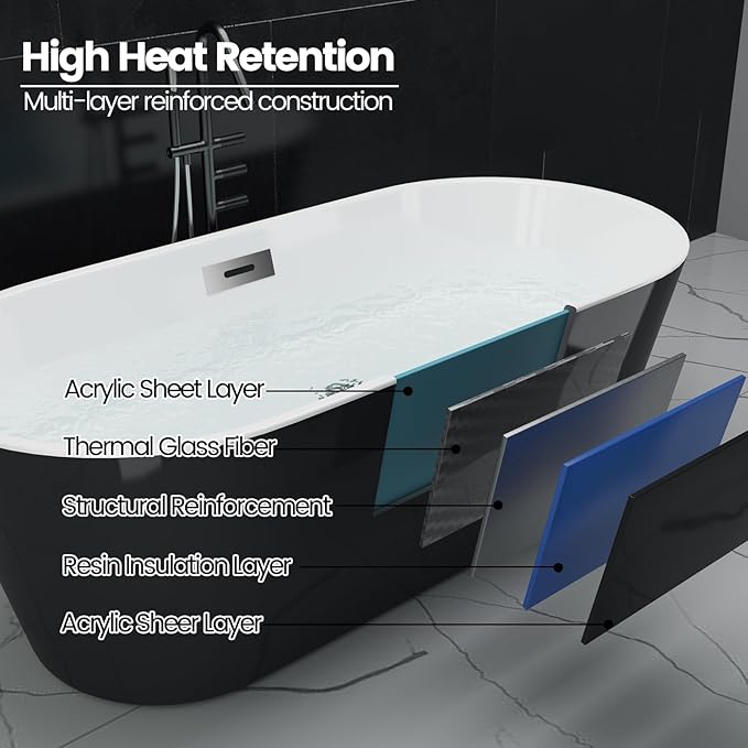 67" Deep Soaking Bathtub, Non-Slip Acrylic Tub with Chrome Drain, CUPC Certified, Ergonomic Modern Bath for Bathrooms, Easy-Install, Black Ingot
