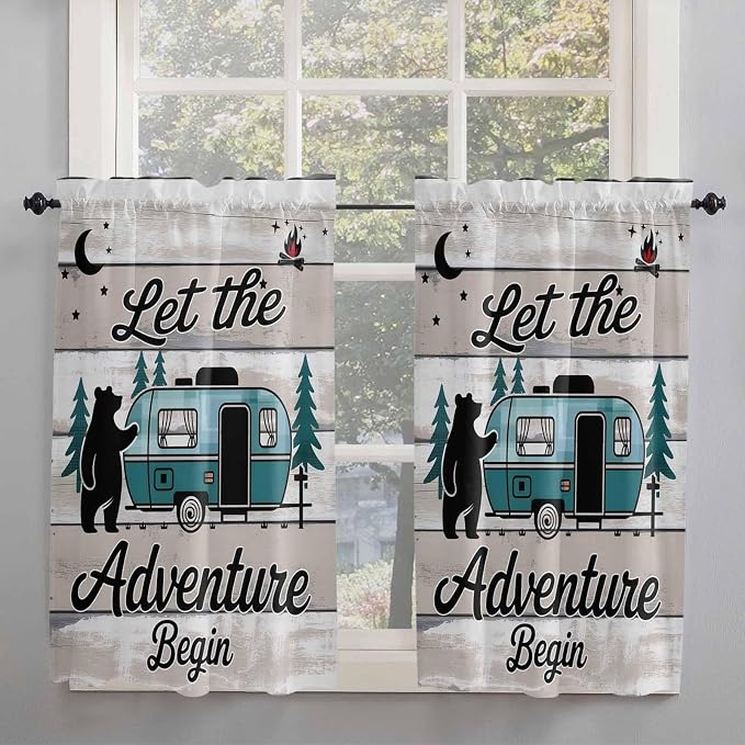 Farmhouse Bear Camper Van Tree Window Valance Curtains, Vintage Wood Grain - Image 2