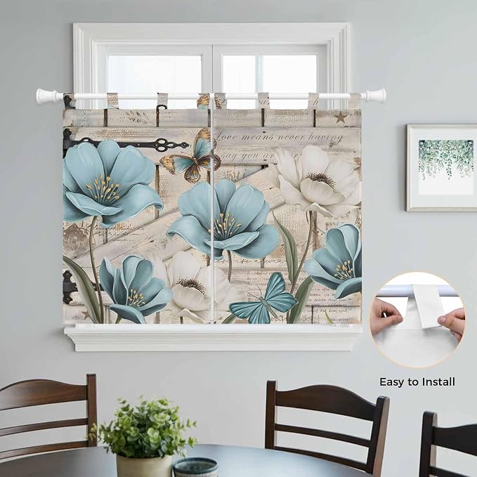 Teal Blue Tulips Bedroom Curtains 63 Inch Length, Window Curtains Tab Top - Image 4