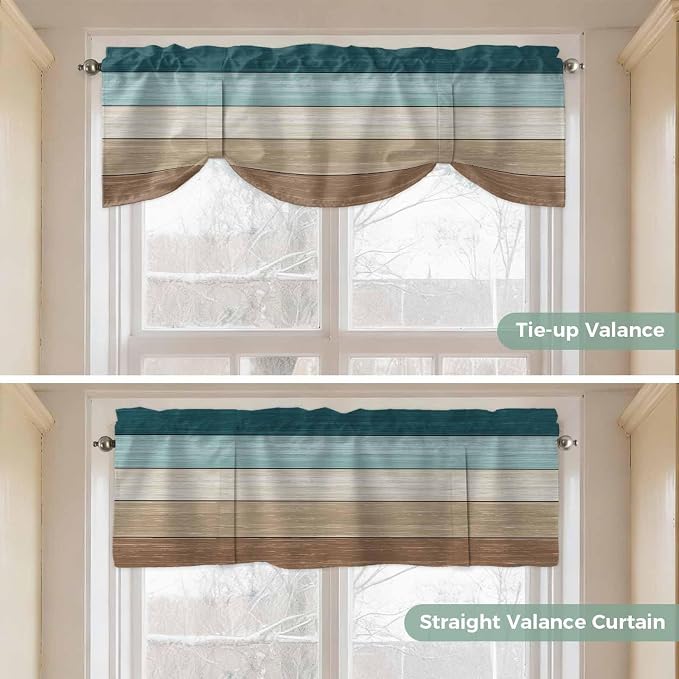 Teal Brown Tie Up Valance Curtains - Image 5