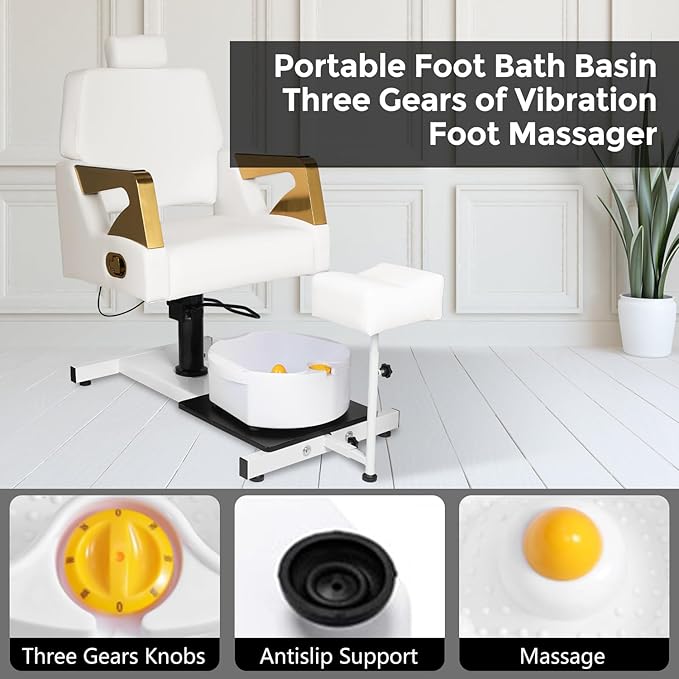 Pedicure Chair, Pedicure Station No Plumbing Adjustable Height Reclining Pedicure Chair with Footrest Massage Basin & Stool 360 Degree Swivel Foot Spa Chair Adjustable Backrest Spa Chair White