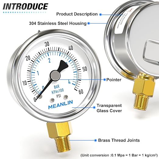 MEANLIN MEASURE 0~60Psi Dry Pressure Gauge Stainless Steel 1/8" NPT 2" FACE - Image 4