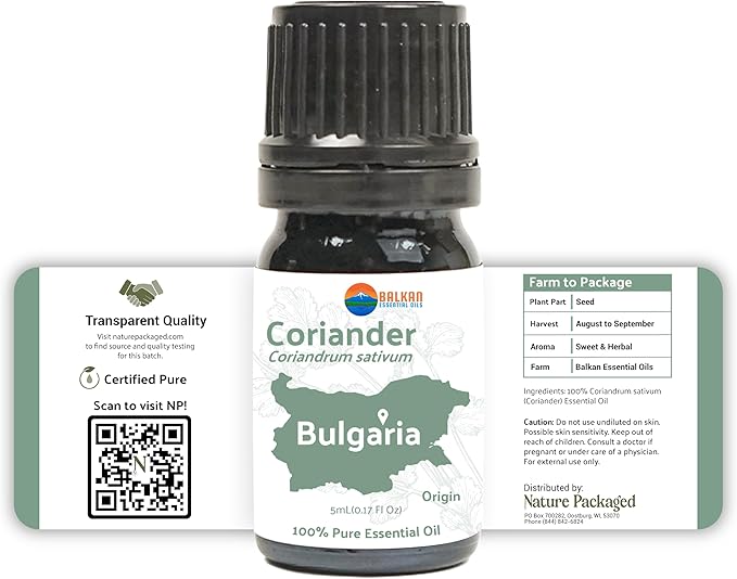 Coriander Essential Oil - Direct from Bulgarian Balkan Mountains - Steam Distilled - Aceite Cilantro for Aromatherapy, Massage, Diffuser, DIY Candle and Soap Making - 8oz