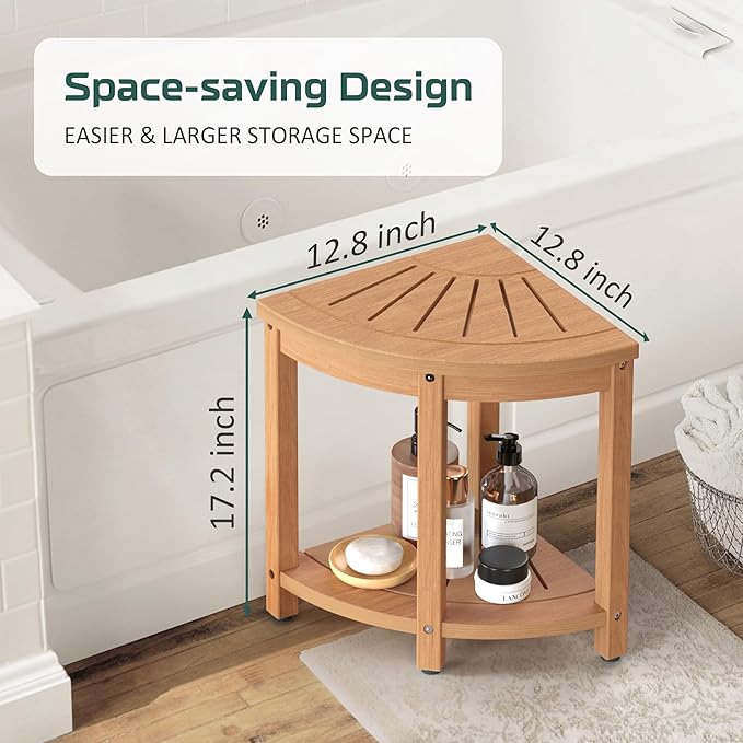 Waterproof Corner Shower Stool for Inside Shower, Poly Lumber Shower Bench Seat Chair, Bath Shower Stool for Shaving Legs Foot Rest with Storage Shelf, Adjustable & Non-Slip Feet, Teak Brown