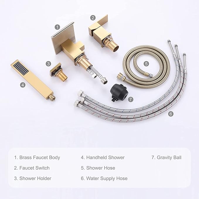 TapLong Roman Tub Faucet Waterfall Tub Filler Waterfall Deck Mount Bathtub Filler Faucet with Sprayer 3 Hole Widespread Tub Filler Deck Mount Solid Brass Brushed Gold, 02763BG