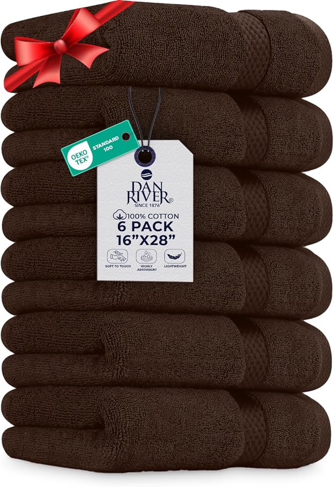 DAN RIVER 6-Pack Premium Hand Towels (16x28 Inches) - 100% Cotton, Ultra Soft, Lightweight, Highly Absorbent Towels for Bathroom, Spa, Gym, Salon, Hotel, and Travel - 550 GSM – Brown
