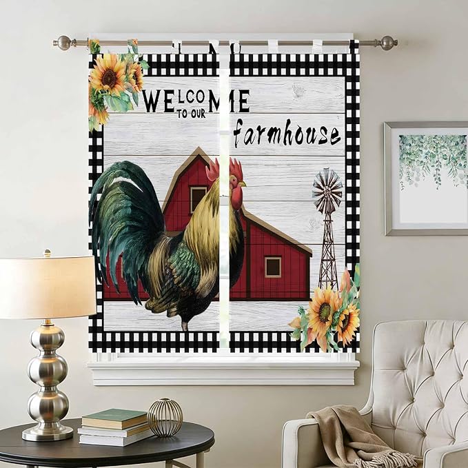 Farmhouse Rooster Bathroom Curtains 63 Inch Length, Window Curtains Tab Top - Image 2