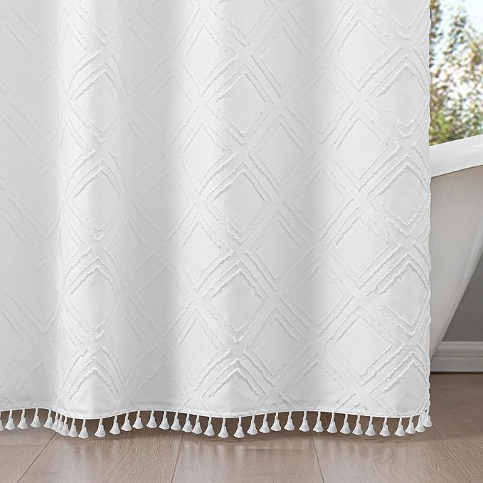 ROSERY No Hook Shower Curtain with Snap in Fabric Liner Set, Boho Farmhouse Jacquard Tufted Geometric Striped Shower Curtain for Bathroom with Tassel, Diamond Pattern, 71" W x 74" L