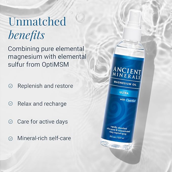 Ancient Minerals Ultra Magnesium Oil Spray with MSM - a Pure Zechstein Topical Magnesium Chloride with The Added Benefits of OptiMSM (4oz)