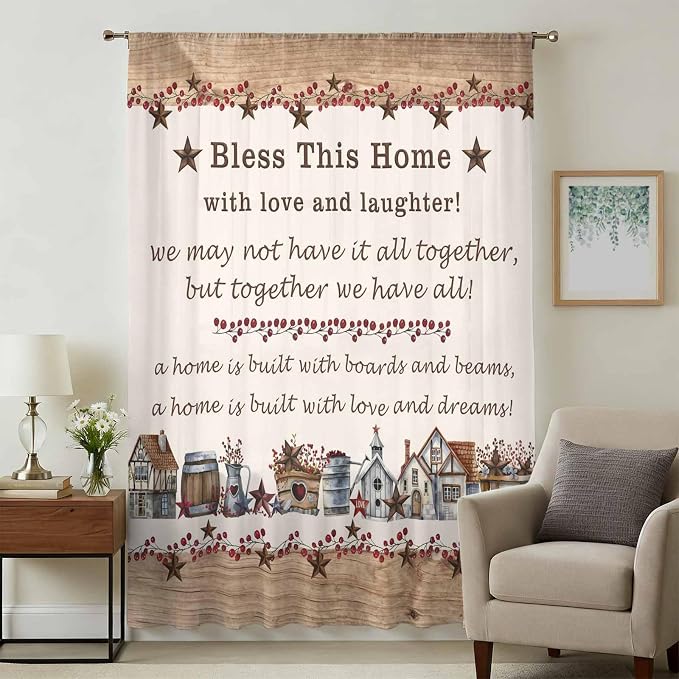 Farmhouse Sheer Curtains 72 Inch Length Country Star Barn Berry Brown Wood - Image 3