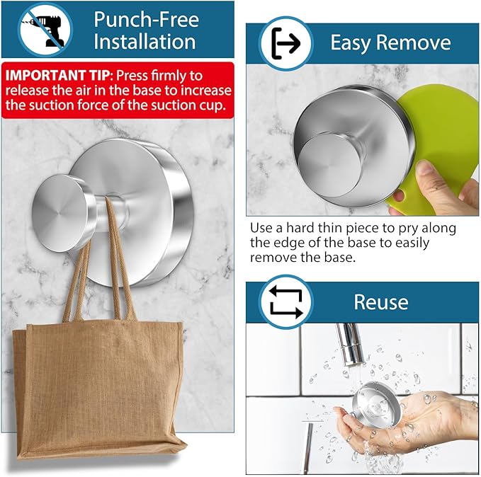 Suction Cup Hooks for Shower, 4 PCS No-Drill Towel Holder for Bathrooms Wall, Glass Door, Mirror, Tiles, Kitchen, Hold Robe & Wreath, Hanging up to 15 lbs – Waterproof & Rustproof, Loofah-Silver