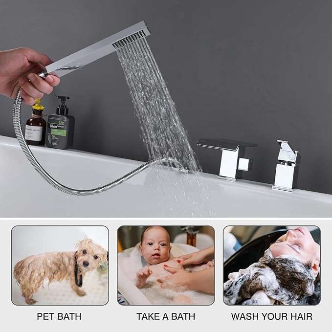 TapLong Modern Roman Tub Faucet with Hand Shower, Waterfall Deck Mount Bathtub Filler Faucet with Sprayer, Widespread 3 Holes Tub Shower Faucet Set in Polished Chrome, 02763CH