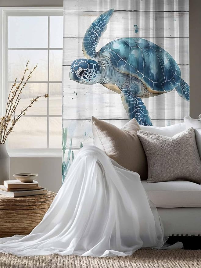 Sheer Curtains 72 Inches Long, Teal Green Ocean Turtle Semi Sheer Curtains - Image 4
