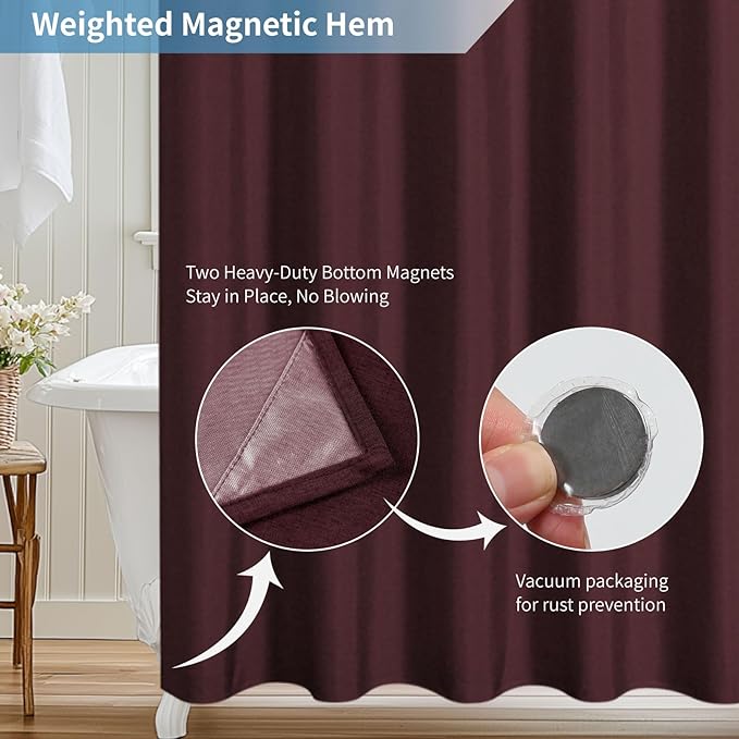 2-in-1 Waterproof Fabric Shower Curtain or Liner,Linen Textured,Breathable TPU & Washable Bathroom Shower Curtain Set with 12 Plastic Hooks,Modern,72"x72" Burgundy