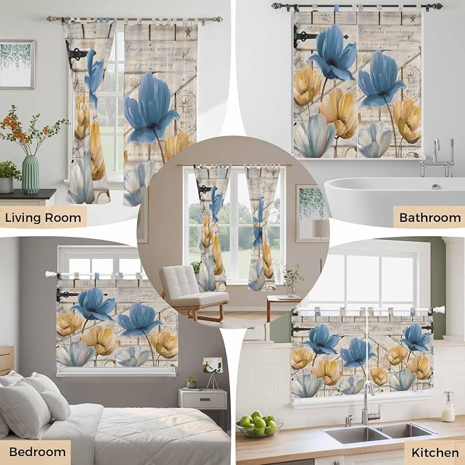 Blue Yellow Tulips Kitchen Curtains 36 Inch Length, Small Window Curtains Tab - Image 7