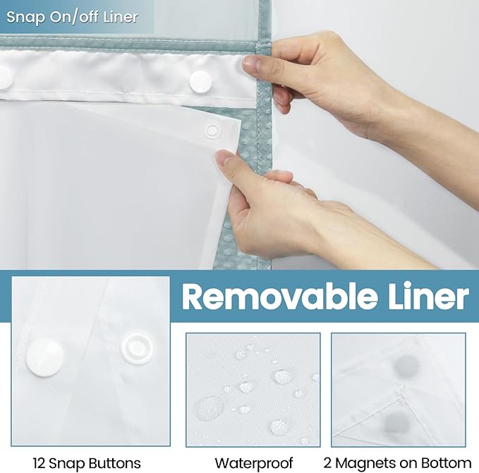 Fog Blue Long No Hook Shower Curtain with Snap in Liner,230GSM Waffle Weave Shower Curtains for Bathroom,71W x 86H