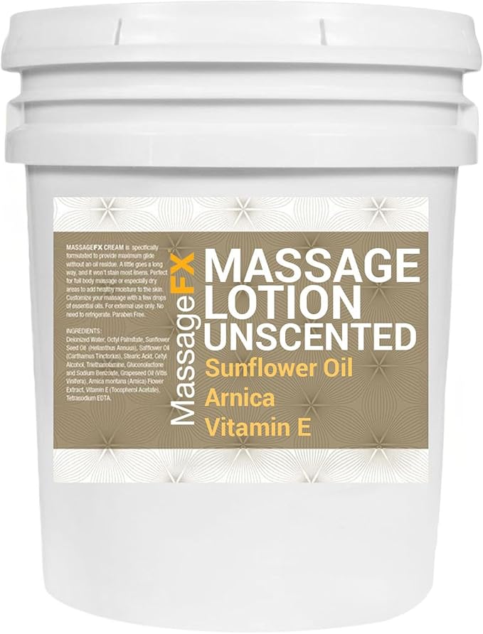 Massage FX Unscented Massage Lotion, 5 Gallon Bucket - Fragrance Free Bulk Bucket for Professional Massage Therapy - Can Refill Pump Bottles - Massage Sore Feet, Back, Face, Arms, Shoulders, and Legs