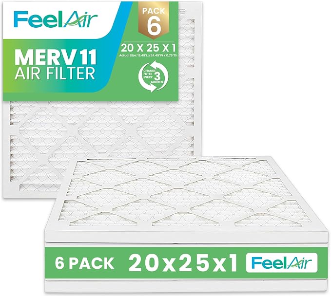 20x25x1 Air Filter – 6 Pack, MERV 11 Pleated HVAC & Furnace Filter, by Feelair