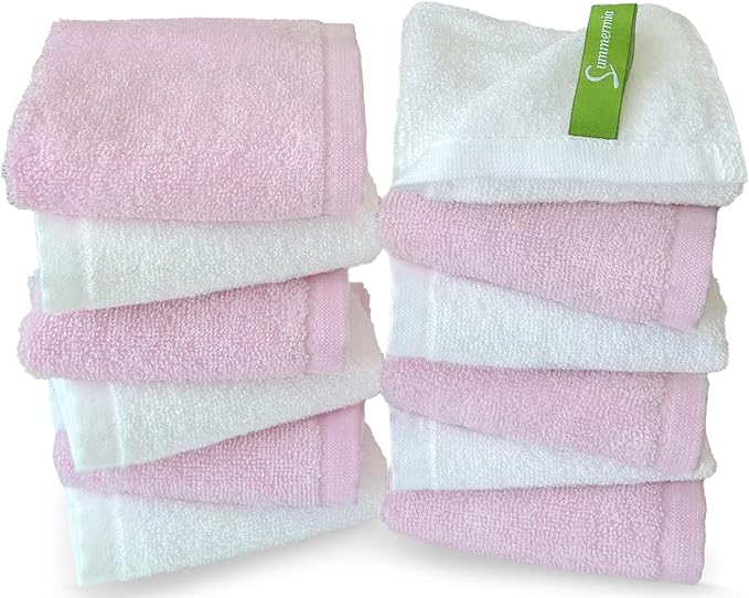 Washcloths 12 Pack 13" x 13" - Soft Wash Cloths for Your Face Towel, Wash Cloths for Your Body (White+Pink)