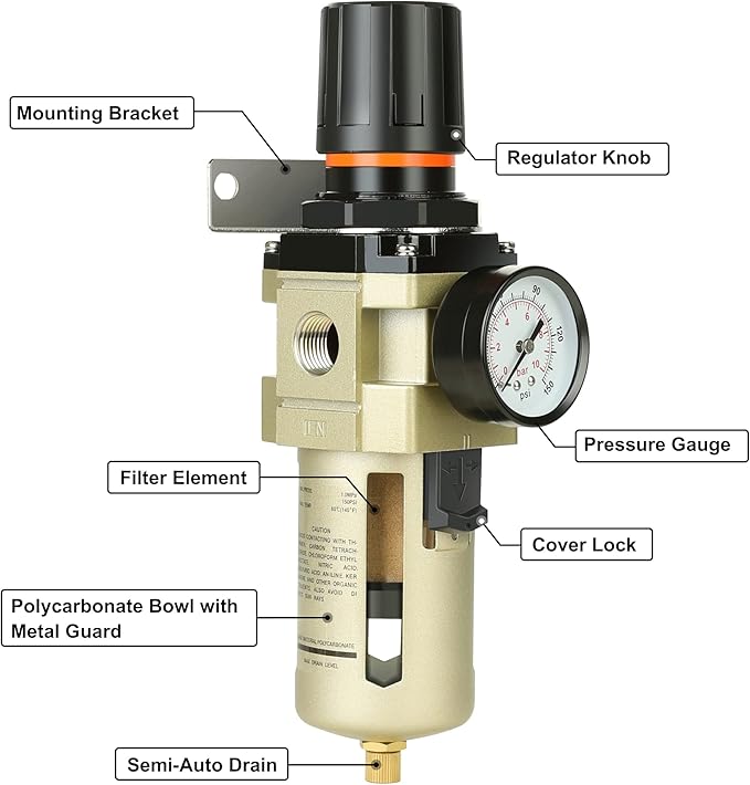 Hromee 1/2 Inch Compressed Filter Regulator Combo, Air Compressor Water Oil - Image 5