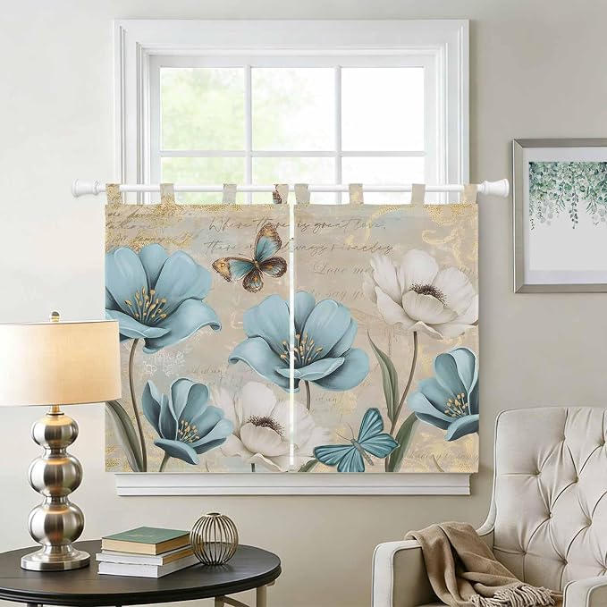 Spring Flowers Kitchen Curtains 45 Inch Length, Short Cafe Window Curtains Tab - Image 2