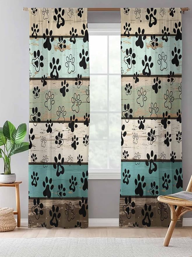 Sheer Curtains 84 Inches Long, Sage Green Brown Paw Prints Semi Sheer Curtains - Image 5