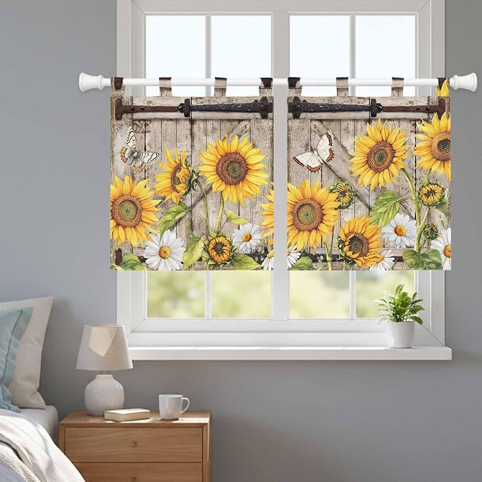 Farmhouse Sunflowers Kitchen Curtains 24 Inch Length, Small Window Curtains Tab - Image 9