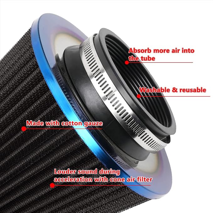 Cold Air Intake Filter, High Performance, Washable Filter, Clamp-On Replacement - Image 4