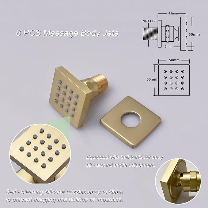 Digital Shower System Brushed Gold Shower Faucet Set with Wall Mount 8 inch Shower Head and 6 PCS Body Jet, Handheld Shower, with Tempreature Display Function