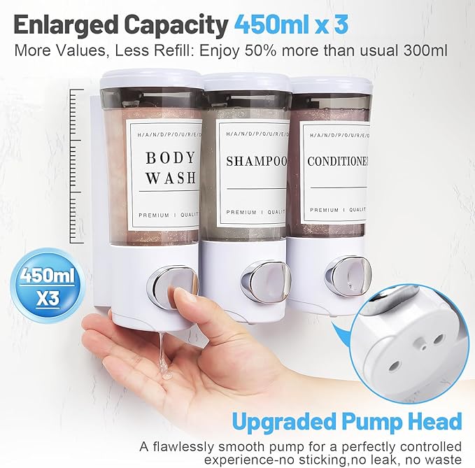 Shampoo and Conditioner Dispenser 450ml * 3, Shower Dispenser 3 Chamber No Drill Shower Soap Dispenser Wall Mounted Large Capacity Refillable Shampoo Body Wash Dispensers for Bathroom Hotel