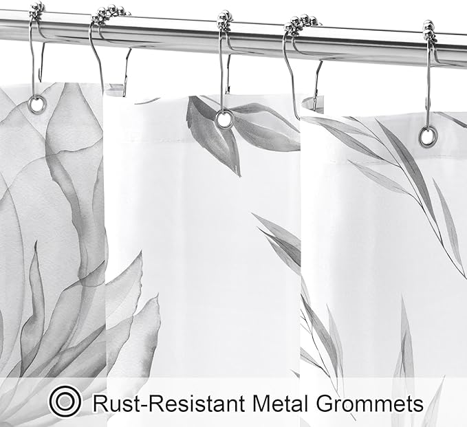 Grey Boho Watercolor Floral Shower Curtain, Ink Painting Style Blossom & Leaf Shower Curtains for Chic Elegant Bathroom, Artistic Fabric Cloth Flower Shower Curtain, 72x72