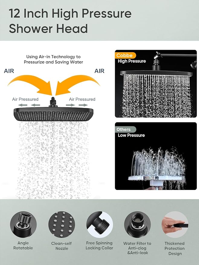 Cobbe 12'' High Pressure Rain Shower Head with Extension Arm - Dual Shower Heads with 8 Modes Handheld Spray Combo - Wide RainFall shower with Anti-Clog Nozzles, Adhesive Showerhead Holder, Black