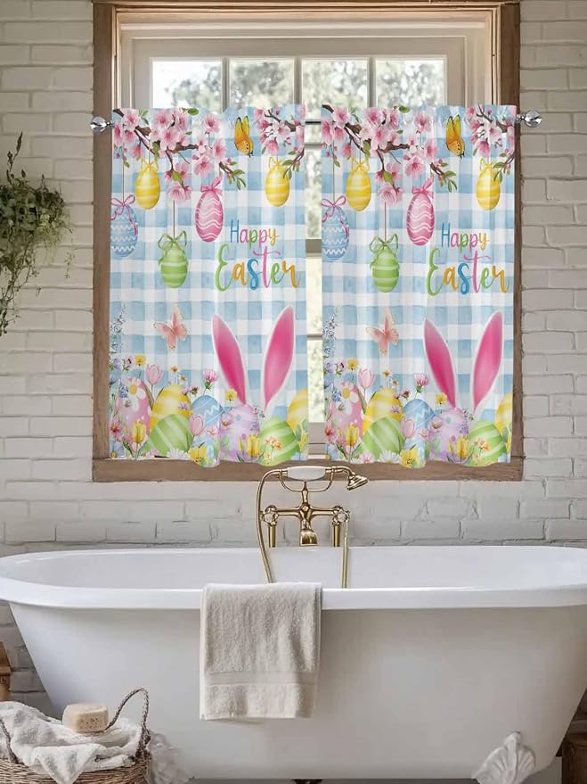 Happy Easter Tier Curtains 45 Inches Long, Spring Watercolor Bunny Eggs Flower - Image 7
