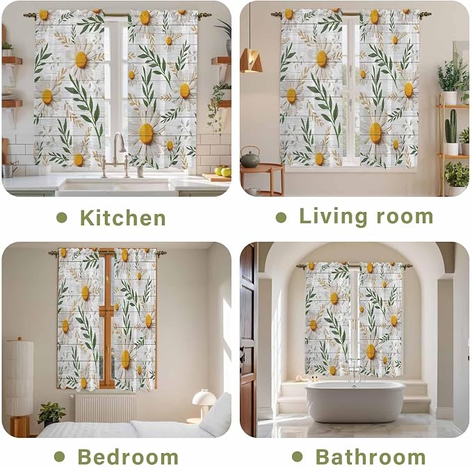Spring Daisy Kitchen Curtains, Farmhouse Country Flower Leaf Plant Wood Grain - Image 8