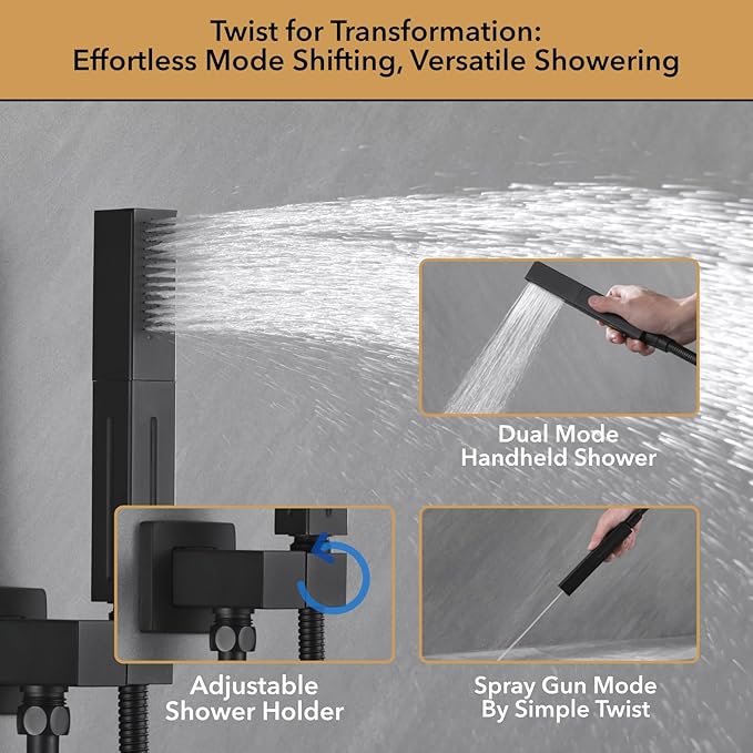 VANFOXLE Shower Faucet Set Matte Black Shower System,Shower Faucet with 2 in 1 Handheld,Ceiling Mount 16 Inch Shower Head+6 Inch Shower Head(Rough-in Valve Body and Trim)